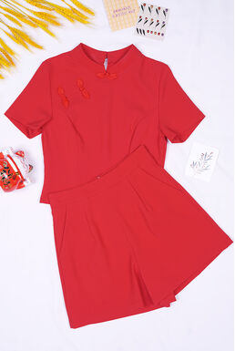 Cheongsam Top & Pocketed Short Pants Set (Red)